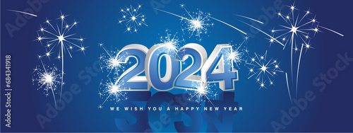 We wish you Happy New Year 2024. New modern 3d concept design. Blue white silver 3D 2024 and mirrored shadows in blue background with stars sparkling fireworks photo