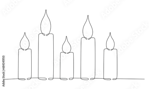 Christmas candle with burning flame. One continuous single line hand drawing art. Vector stock illustration isolated on white background for design template greeting card, invitation. Editable stroke