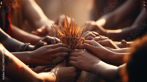 A group of people  holding hands together