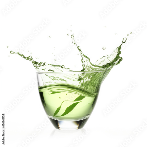 Macro shot of a green tea glass splash isolated on white background 