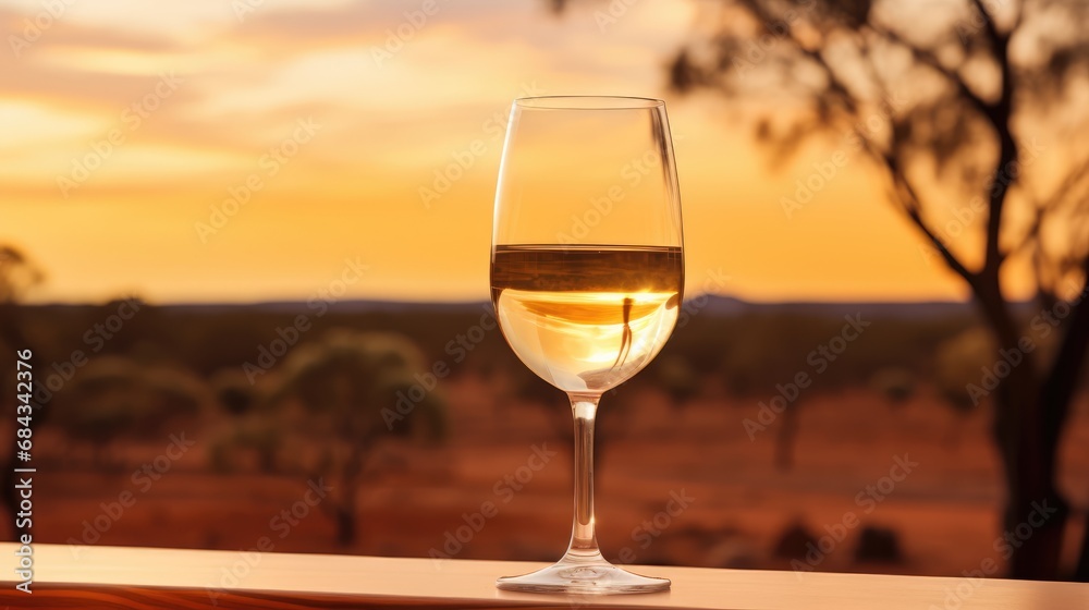 Glass of white wine on table in vineyard at sunset, South Australia. Australian wine concept.