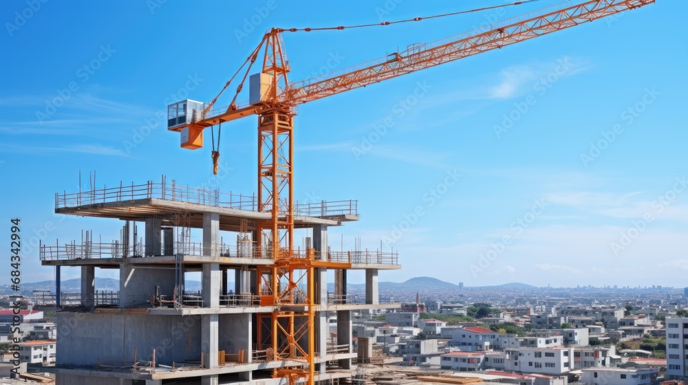 Construction site with crane and building under construction against blue sky background. Construction concept. . Engineering and architecture concept.