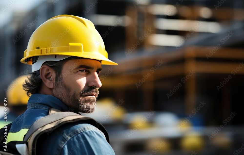 portrait of bearded foreman in helmet looking away at construction site. Construction concept. Engineering and architecture concept.