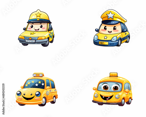 set of happy cute taxi watercolor illustrations for printing on baby clothes, pattern, sticker, postcards, print, fabric, and books