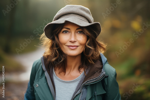 Beautiful woman in her fifties with brown long hair and a hat, smiling, confident, walking in the countryside, beautiful eyes, green parka, country background, with trees, lane, mountains