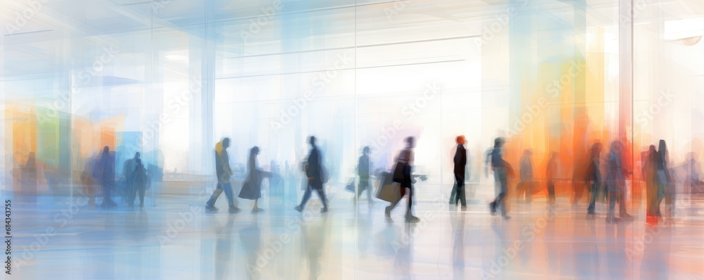 People walking through an airport, impressionism-style illustration