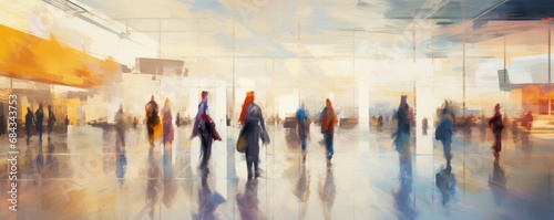 People walking through an airport, impressionism-style illustration