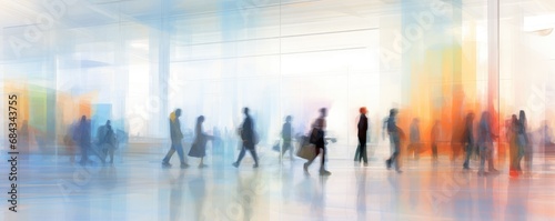 People walking through an airport, impressionism-style illustration