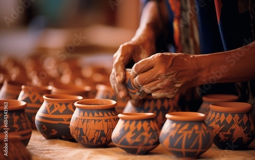 Skilled hands crafting traditional Native American pottery