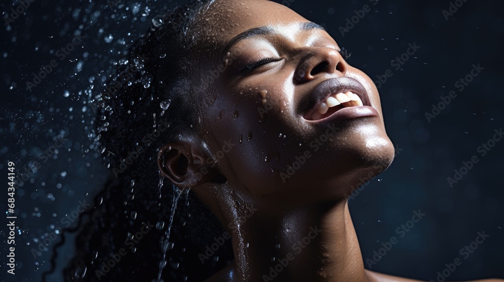 Portrait of a young woman with water splashing on a dark background, concept of beauty and skincare