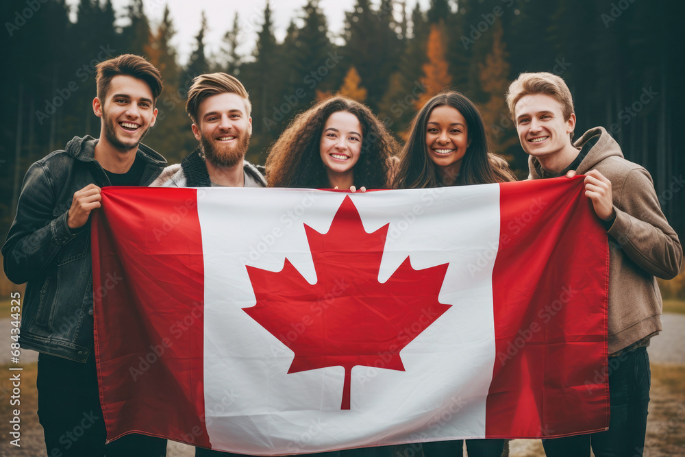 Smiling friends with the Canadian flag, embodying the spirit of patriotism and educational opportunities.
