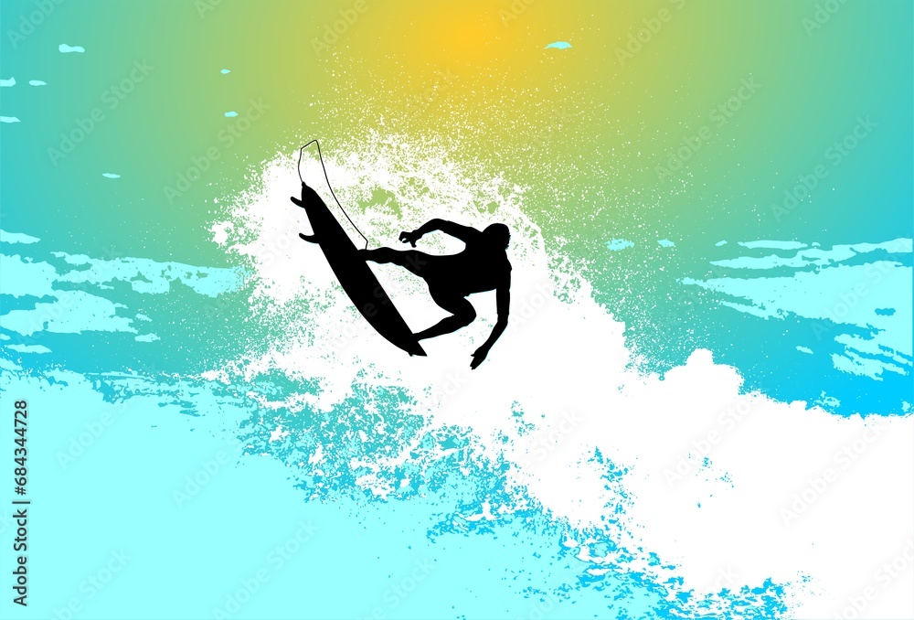 silueta, mujer, deporte, ilustración, acuático, surfer