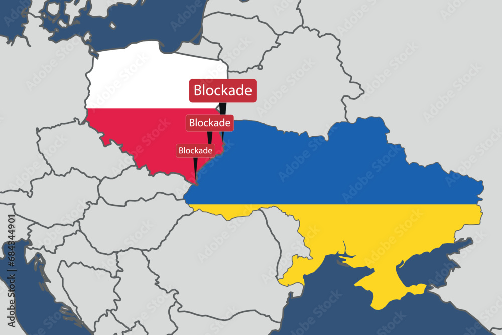 Poland and Ukraine, Ukrainian and Polish outline map blockade sign, blockade of the border between countries, conflict of partnership, crisis between countries Poland and Ukraine, Ukrainian and Polish outline map blockade sign, blockade of the border between countries, conflict of partnership, crisis between countries