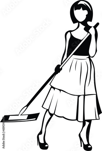 Cartoon Black and White Isolated Illustration Vector Of A Woman Holding a Broom