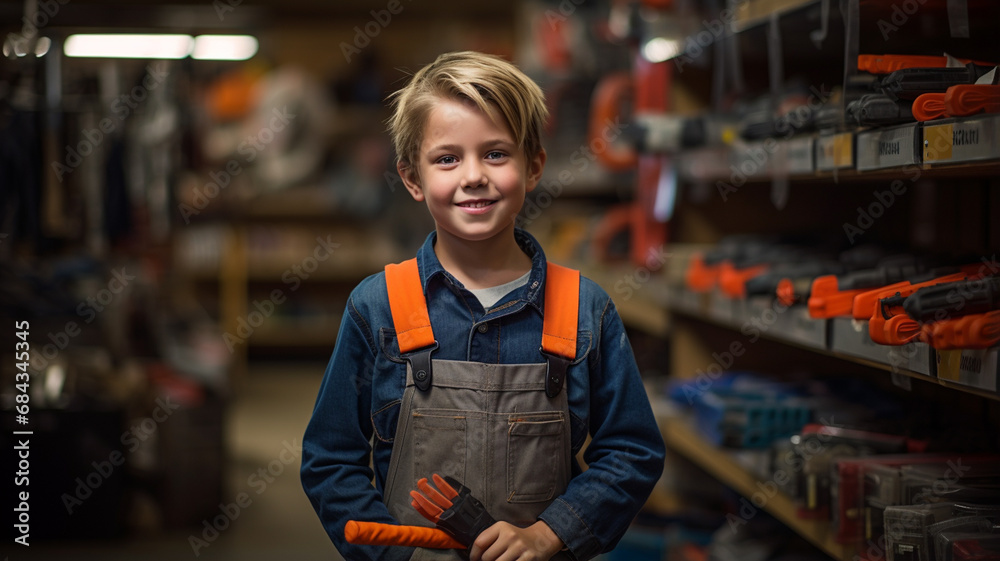 portrait of happy smiling little boy with tools in workshop.