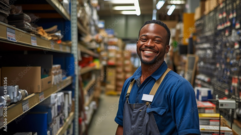 Portrait of a smiling worker in uniform standing at the workplace. warehouse worker in front of the camera. Portrait of a smiling worker in uniform standing at the workplace. warehouse worker in front of the camera.