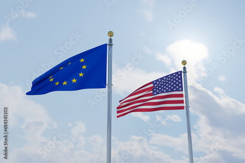 The flag of the European Union with the flag of the United States of America, commercial and political relations between Europe and America