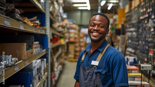 Portrait of a smiling worker in uniform standing at the workplace. warehouse worker in front of the camera. © Daniel