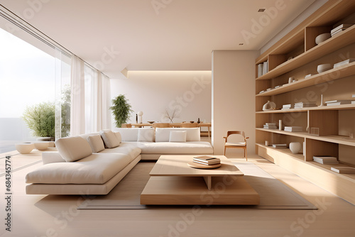 Interior of modern living room with white walls, wooden floor, beige sofa and bookcase. 3d rendering