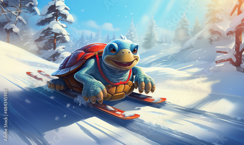Cartoon turtle hurries through the winter forest.