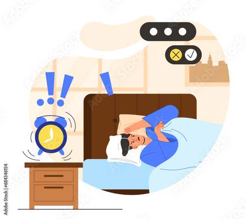 Alarm clock wake up concept. Man lying in bed. Comfort and coziness in bedroom. Dream and recuperation. Guy woke up after sleep. Cartoon flat vector illustration isolated on white background