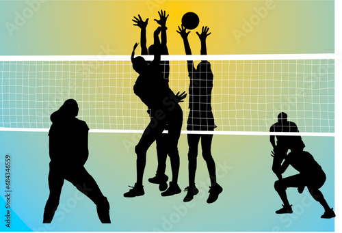 silueta, gente, vector, baile, deporte, voleibol, bola, salto