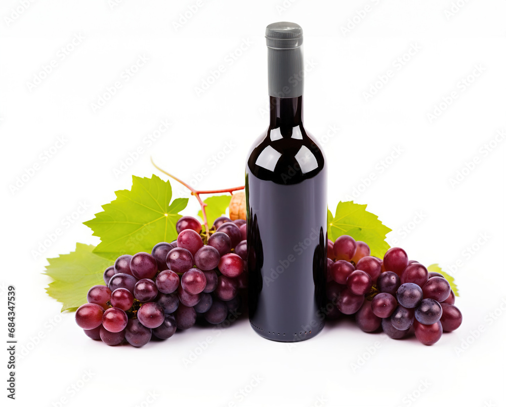 Red wine bottle with wine grapes isolated on white background, Generated with Generative Ai technology.