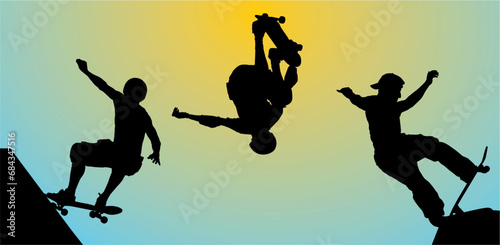 silueta, vector, gente, deporte, brincar, skate