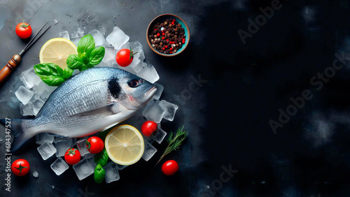 Fresh sea bream on a dark ice background with lemon and tomatoes photo