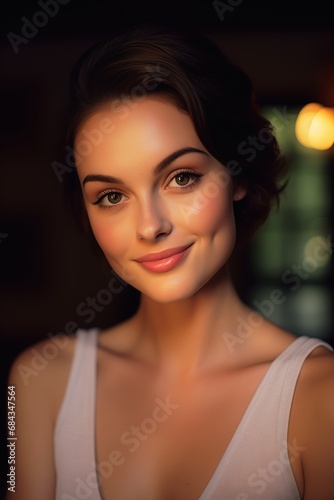 closeup woman white top light models deep dimples enhance lighting traditional makeup android angelic face photo