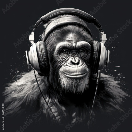 gorilla in headphones. black and white illustration