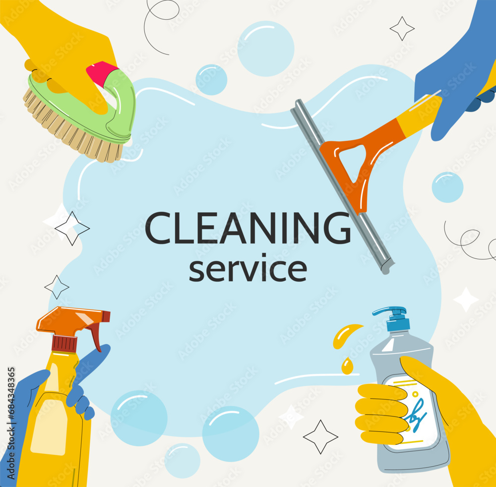 Vetor de Cleaning service template. Hands in rubber gloves with scraper ...
