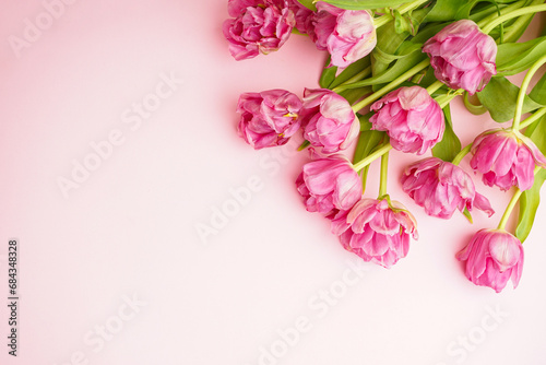 Fototapeta Naklejka Na Ścianę i Meble -  Fresh pink peony tulips on pastel pink background with space for text. Festive concept for Mother's Day or Valentines Day. Greeting card, flat lay, banner format.