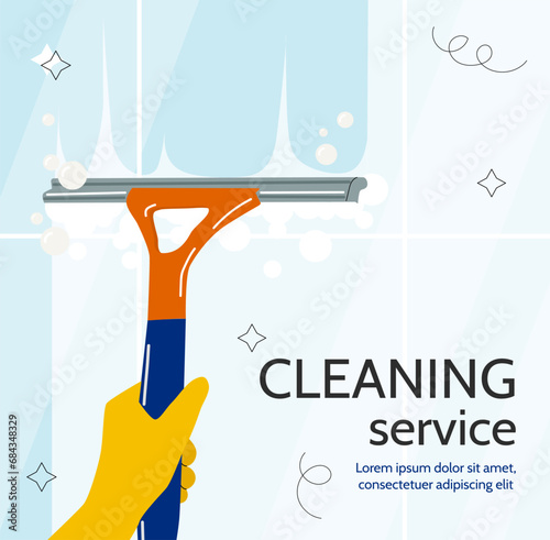 Cleaning service template. Hand in rubber yellow glove with scraper. Hygiene and cleanliness. Household chores and routine. Graphic element for website. Cartoon flat vector illustration