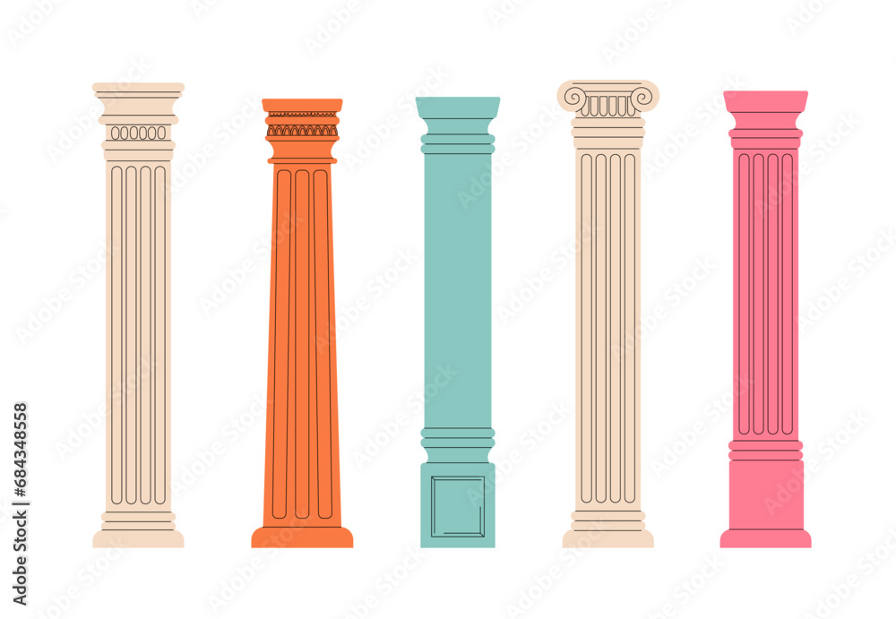 Column line art set. Beige, pink and blue marble decor elements. Greek and Rome architectuire in doodle style. History and culture. Cartoon flat vector collection isolated on white background