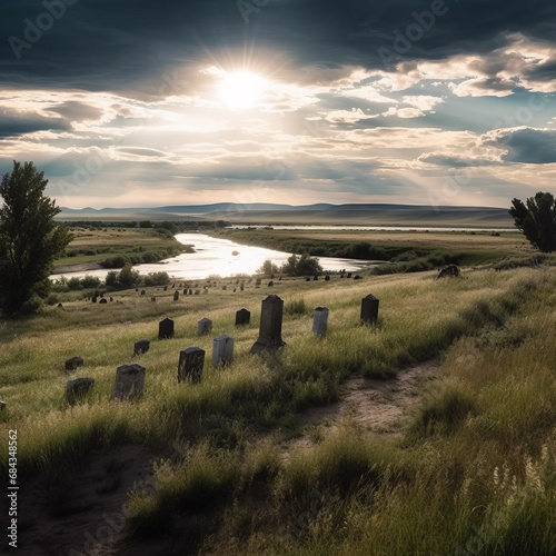 Golden hour color landscape photograph of an abandoned graveyard on a grassy bank by the Missouri River in western North Dakota, wide vista of lonely, empty country. From the series “North Dakota.”