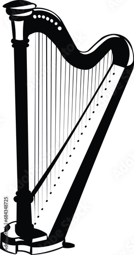 Cartoon Black and White Isolated Illustration Vector Of A Harp Music Instrument