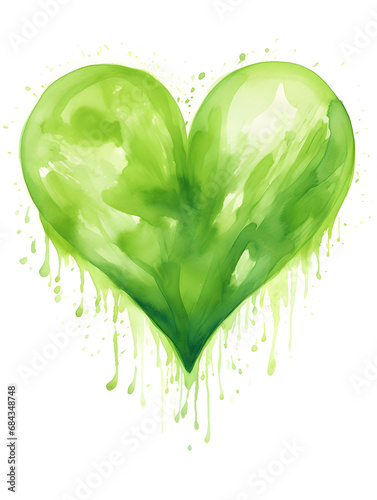 Green watercolor heart isolated on white background