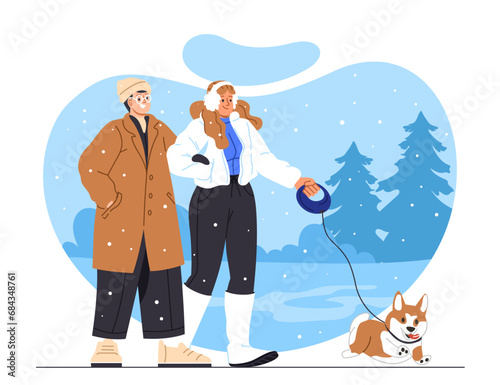 Couple with dog in winter concept. Man and woman with puppy in cold weather and snowfall. Christmas and New Year scene. Cartoon flat vector illustration isolated on white background