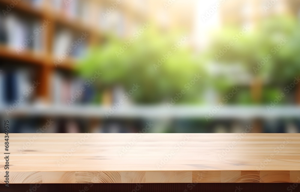 Wooden table with book on blurred background of library with bookshelf