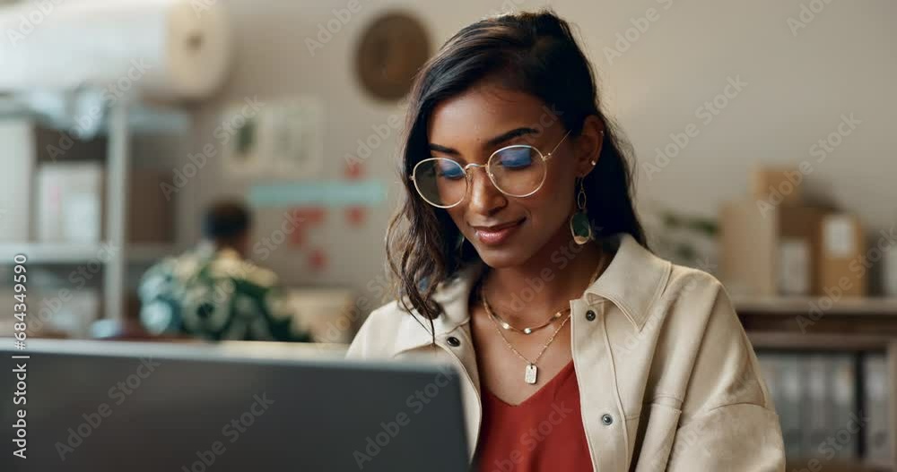 Ecommerce, fashion and designer woman with laptop in office, market research and creative small business owner. Smile, online shop and girl at desk in showroom with computer, typing and digital sales