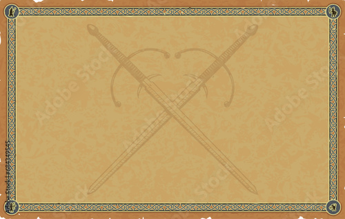 Large Medieval Parchment with Celtic Knot Frame, Fantasy Icons, Crossed Longswords
