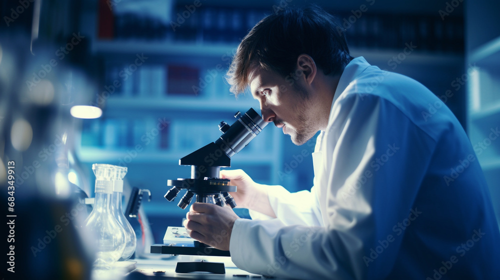 male scientist working with microscope in laboratory male scientist working with microscope in laboratory