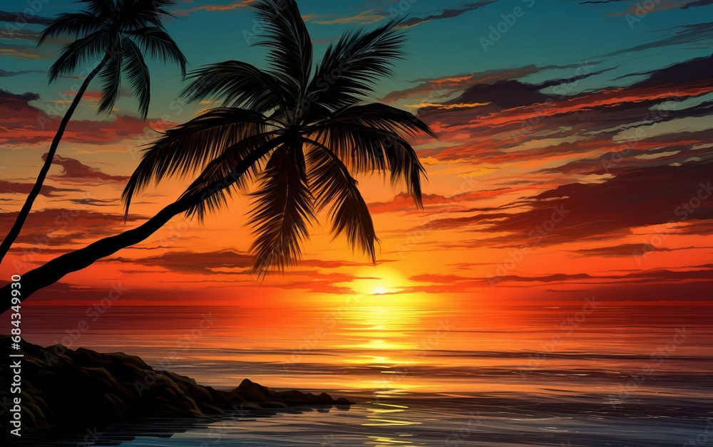 Sunset over a calm ocean, with a silhouette of a palm tree