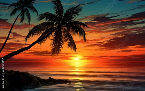 Sunset over a calm ocean, with a silhouette of a palm tree © Dina