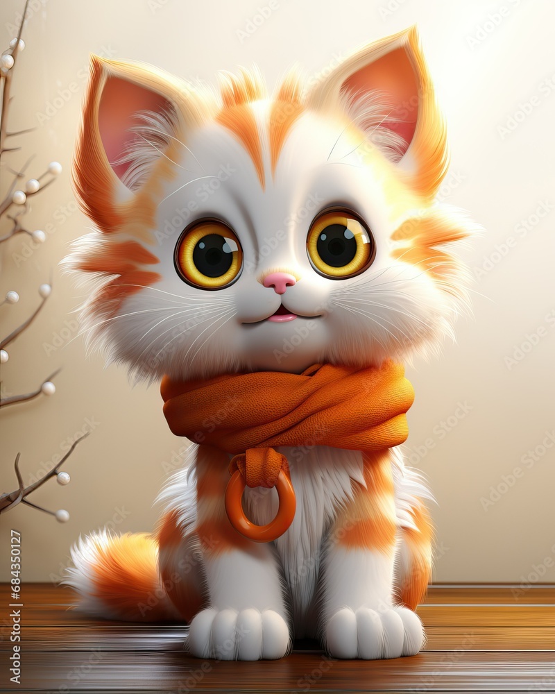 Fototapeta premium cute orange and white calico cat wearing a scarf, cartoon like
