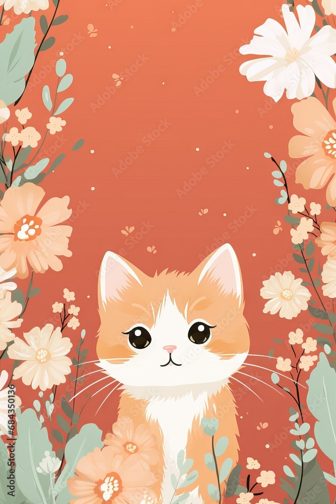 cute kawaii orange and white calico cat, flowers around, for background, kawaii style cute kawaii orange and white calico cat, flowers around, for background, kawaii style