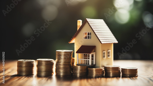 Miniature house and coins on the table, real estate concept