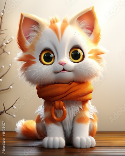 cute orange and white calico cat wearing a scarf  cartoon like