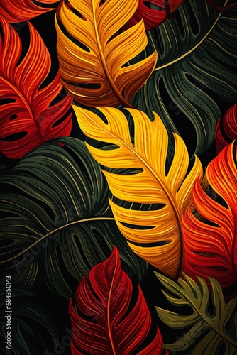 closeup leaves jungle nature bold natural color vibrant destroyed lustful vegetation oranges reds yellows photo